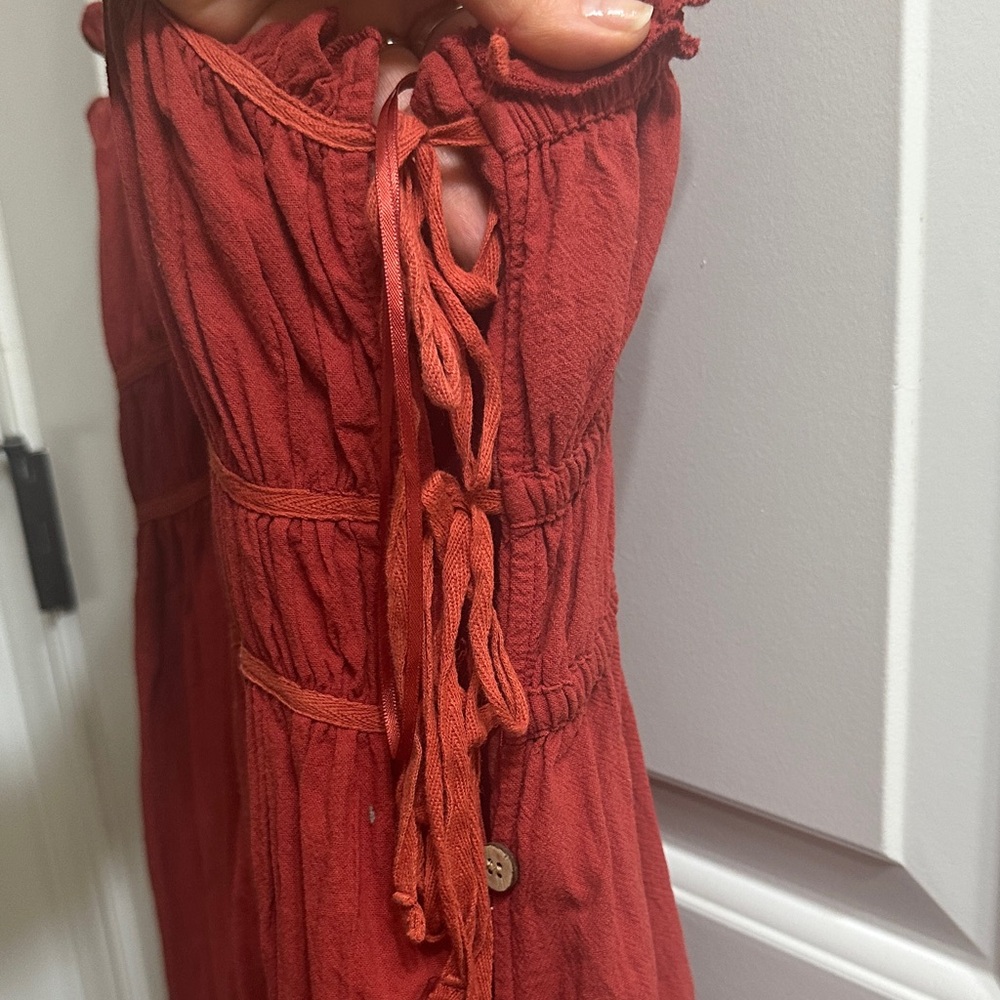 Heyson Rust Ruffled Strap Mini Dress with Button detail & Tie Side - Picture 3 of 6